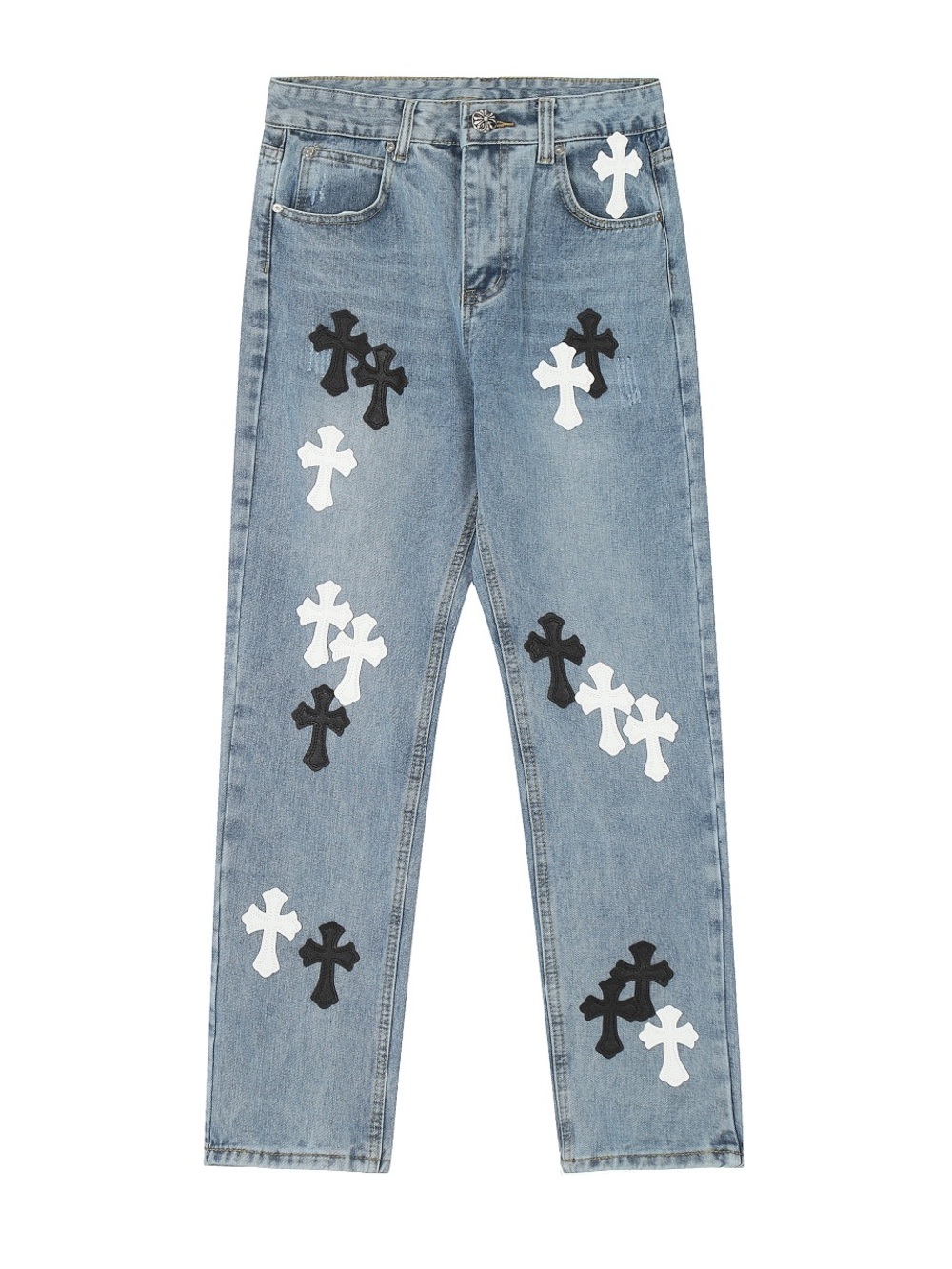 Chrome Hearts Light Blue Straight Leg Jeans with Black & White Crosses